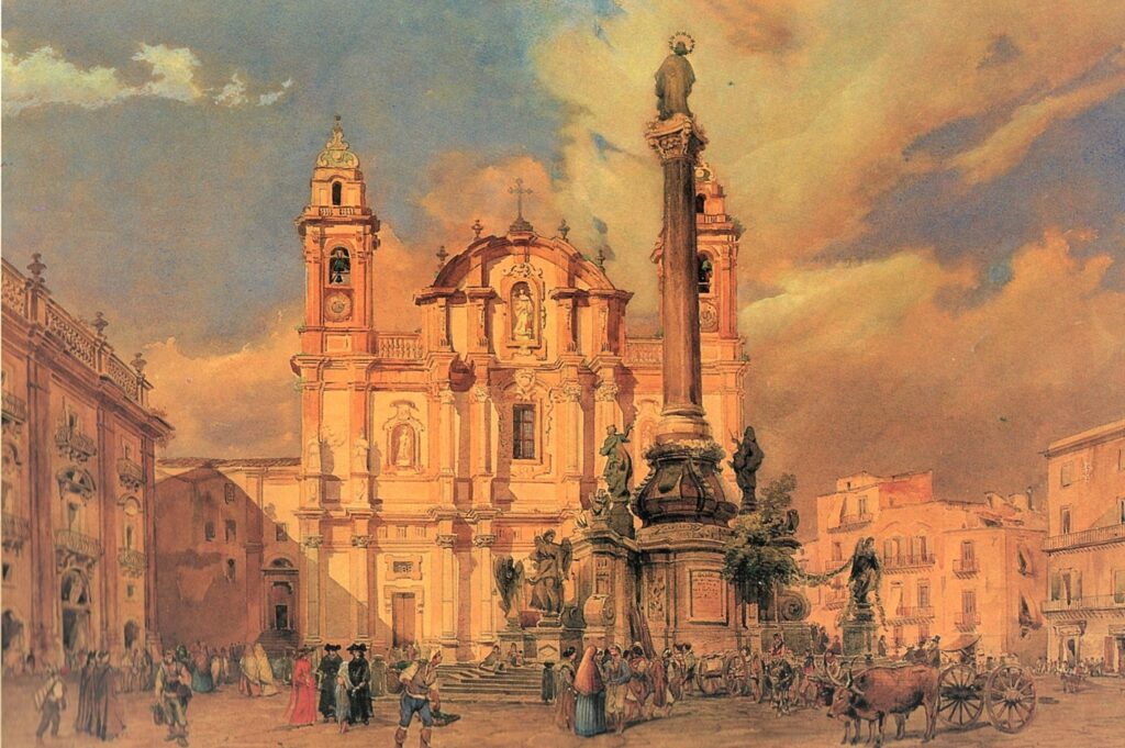 Theodore Duclère, Veduta della Piazza S. Domenico a Palermo, 1848 ca., dipinto contemporaneo all’impianto del Pantheon entro la chiesa di S. Domenico curato da Agostino Gallo